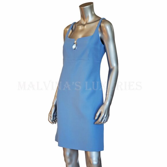 GUCCI DRESS CADY CREPE WOOL SILK SKY BLUE w CRYSTAL G LOGO sz IT 44 US 8 - Picture 4 of 15